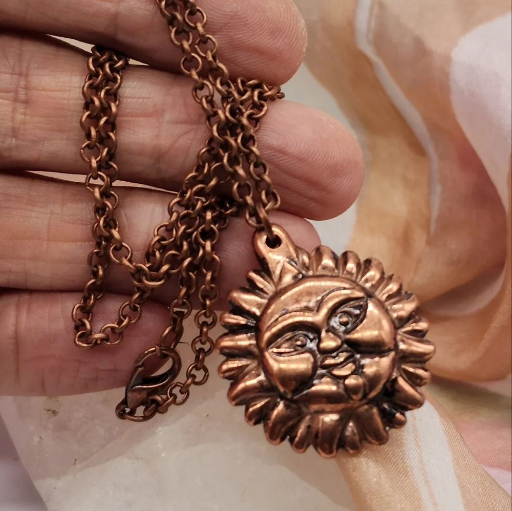 ❤️ Copper Jewelry Boho Necklace Chain Face Angel Inka Sun Pendant Hypoallergenic